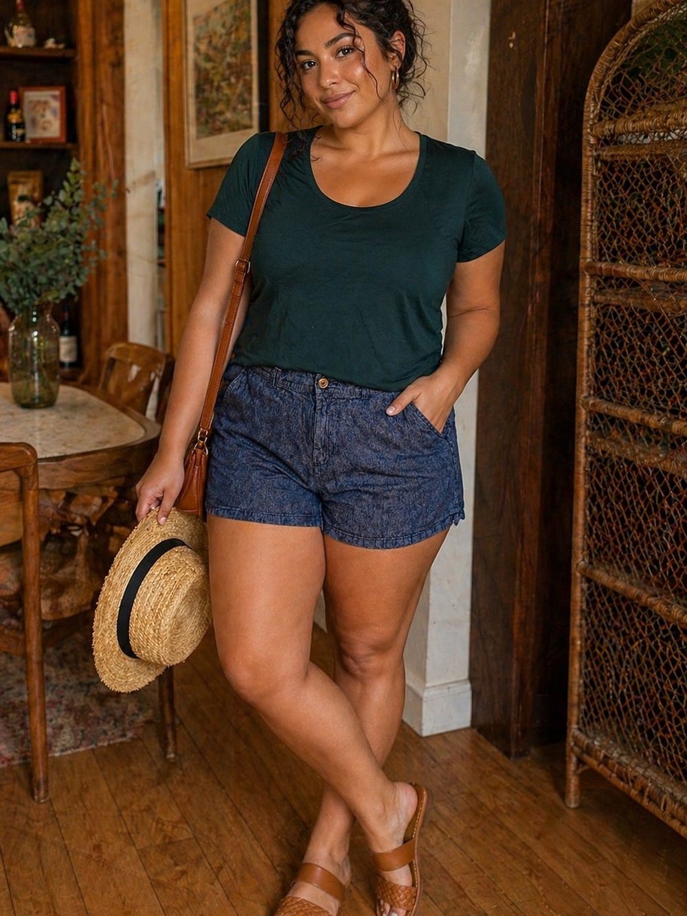 Bundle Old Navy Plus Size 2X Forest Green Scoop Neck Tee & Size 18 denim shorts